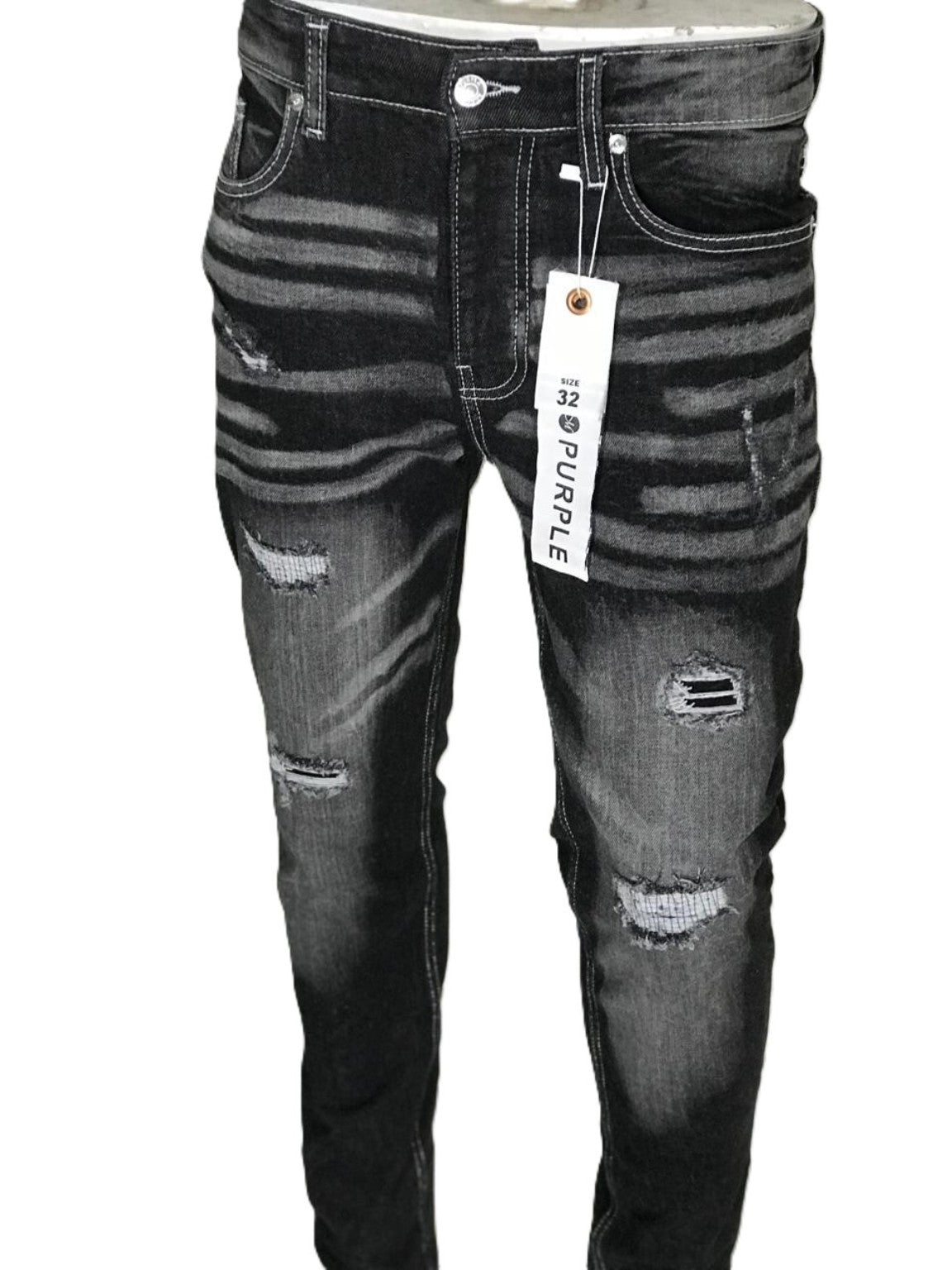 Men’s Black Distressed Slim Fit Jeans – Premium Washed Denim (Purple Brand Style)