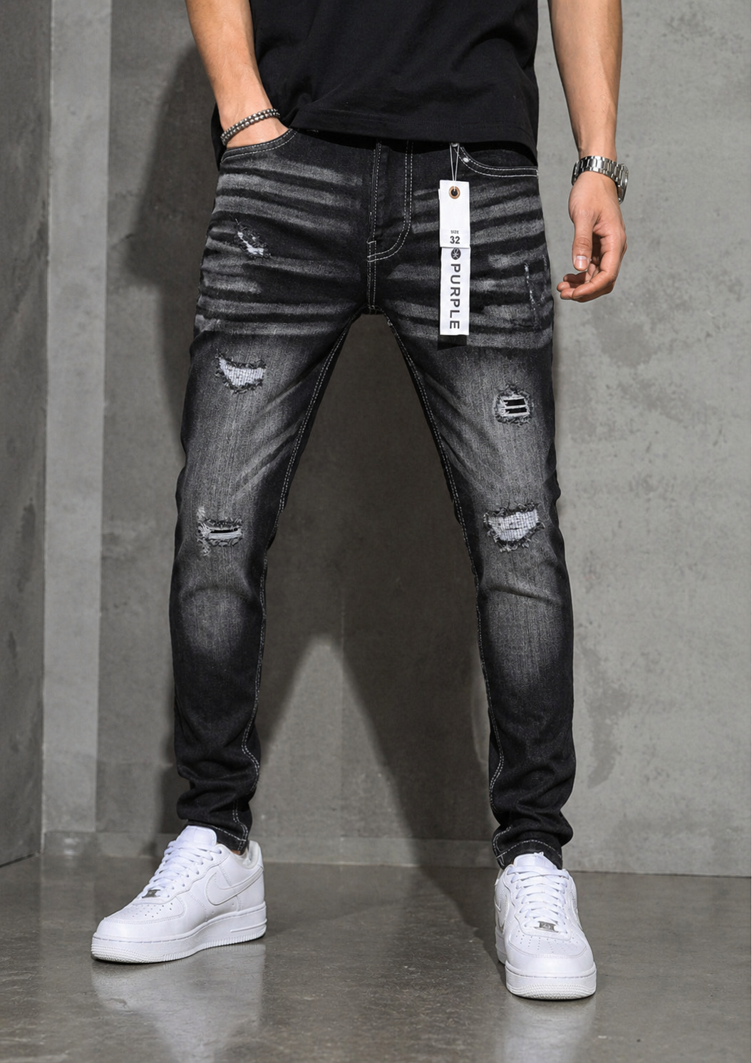 Men’s Black Distressed Slim Fit Jeans – Premium Washed Denim (Purple Brand Style)