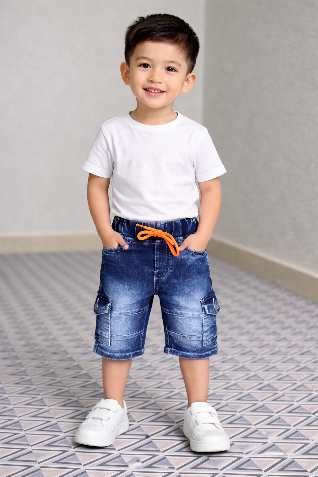 Kids Stretch Cargo Shorts (Blue & Black) (1–4 Years)