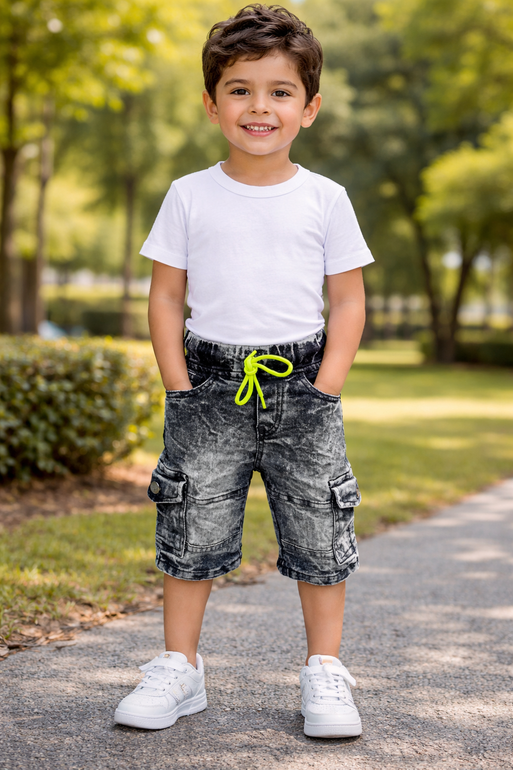 Kids Stretch Cargo Shorts (Blue & Black) (1–4 Years)