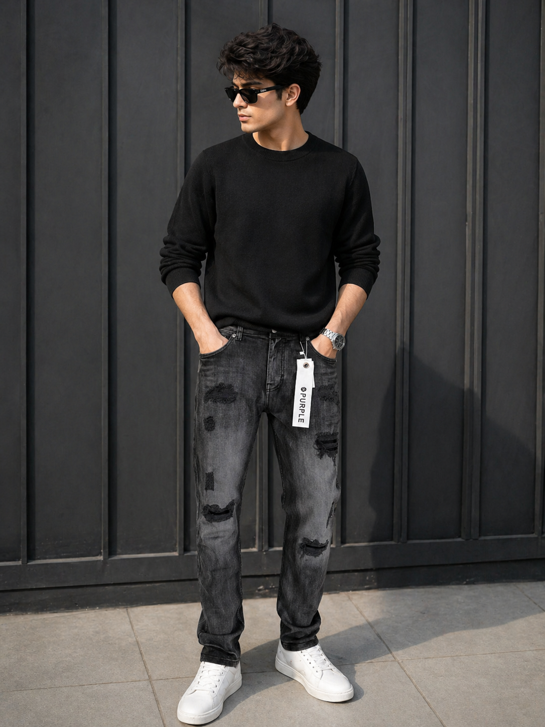 Black Distressed Jeans for Men-purple brand