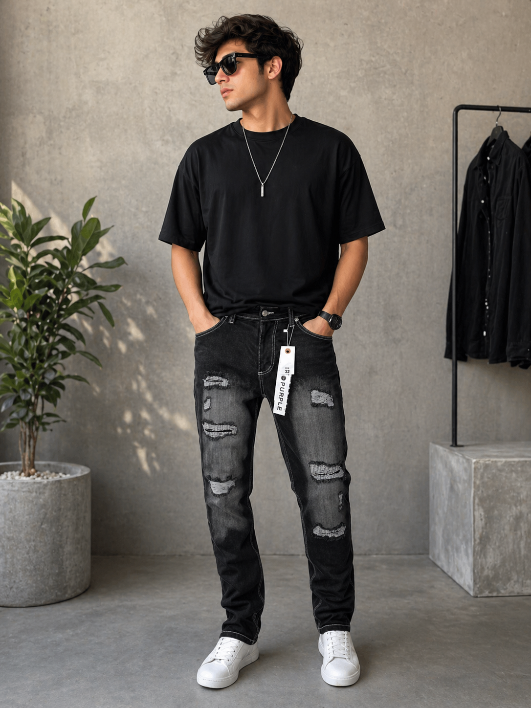 Men’s Black Distressed Slim Fit Jeans-purple brand