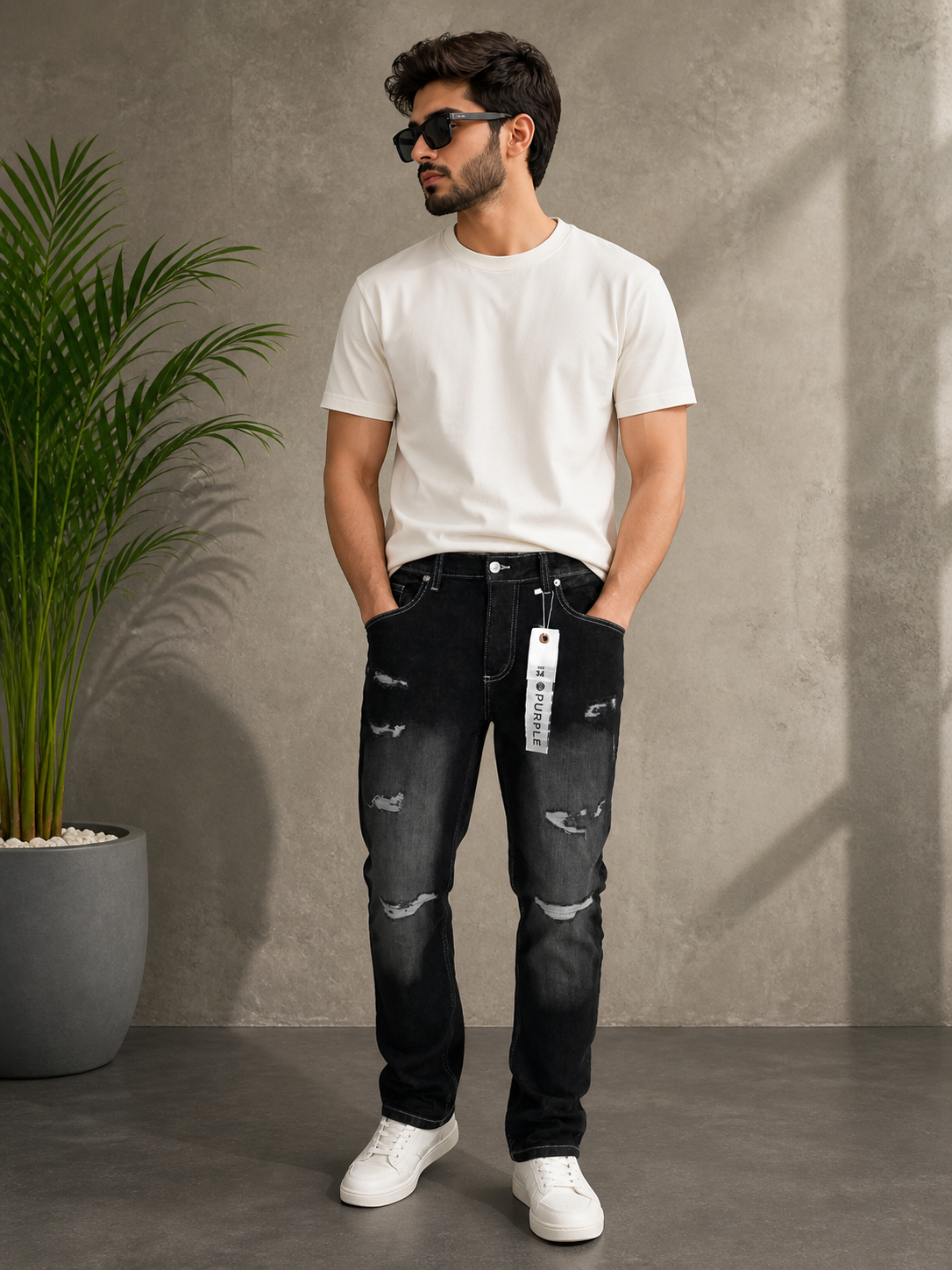 Men’s Black Ripped Slim Fit Jeans – Stretch Denim Casual Pants