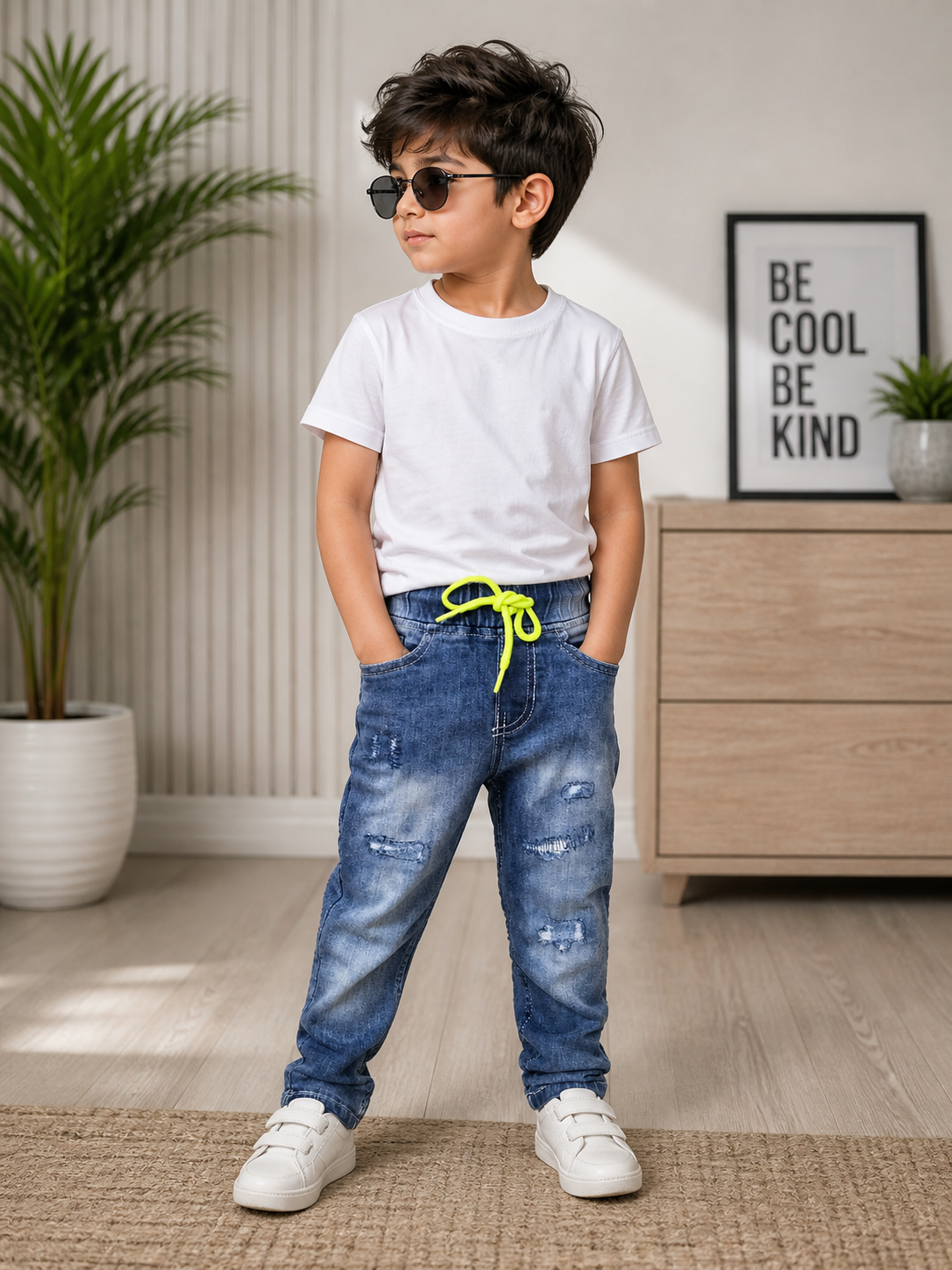 Kids Stylish Denim Jeans with Neon Drawstring – Soft Stretch Casual Pants for Boys