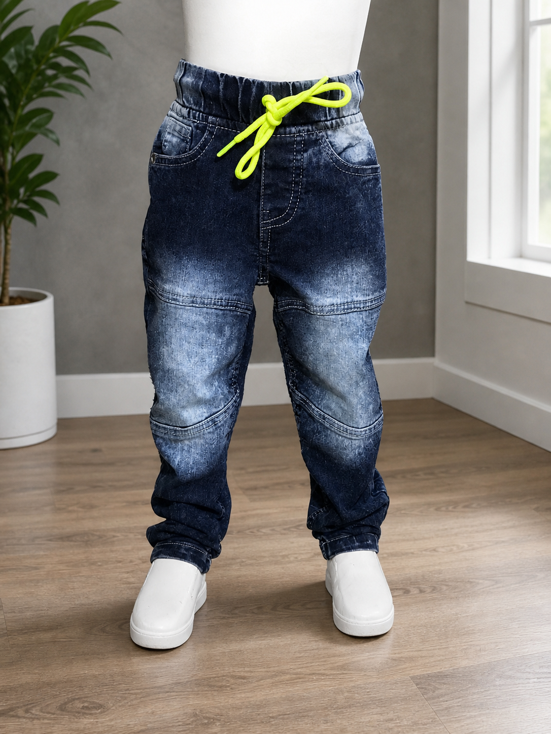 Kids Stylish Denim Jogger Jeans with Neon Drawstring