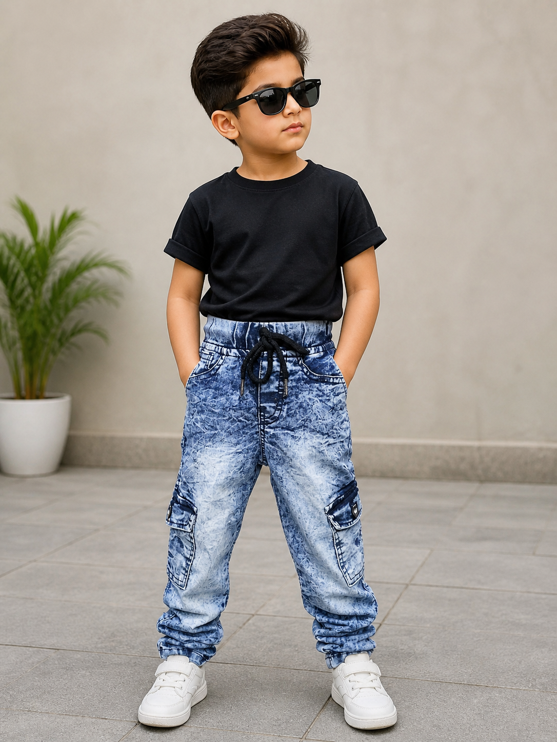 Kids Blue Washed Denim Jogger Pants – Cargo Style Boys Casual Wear