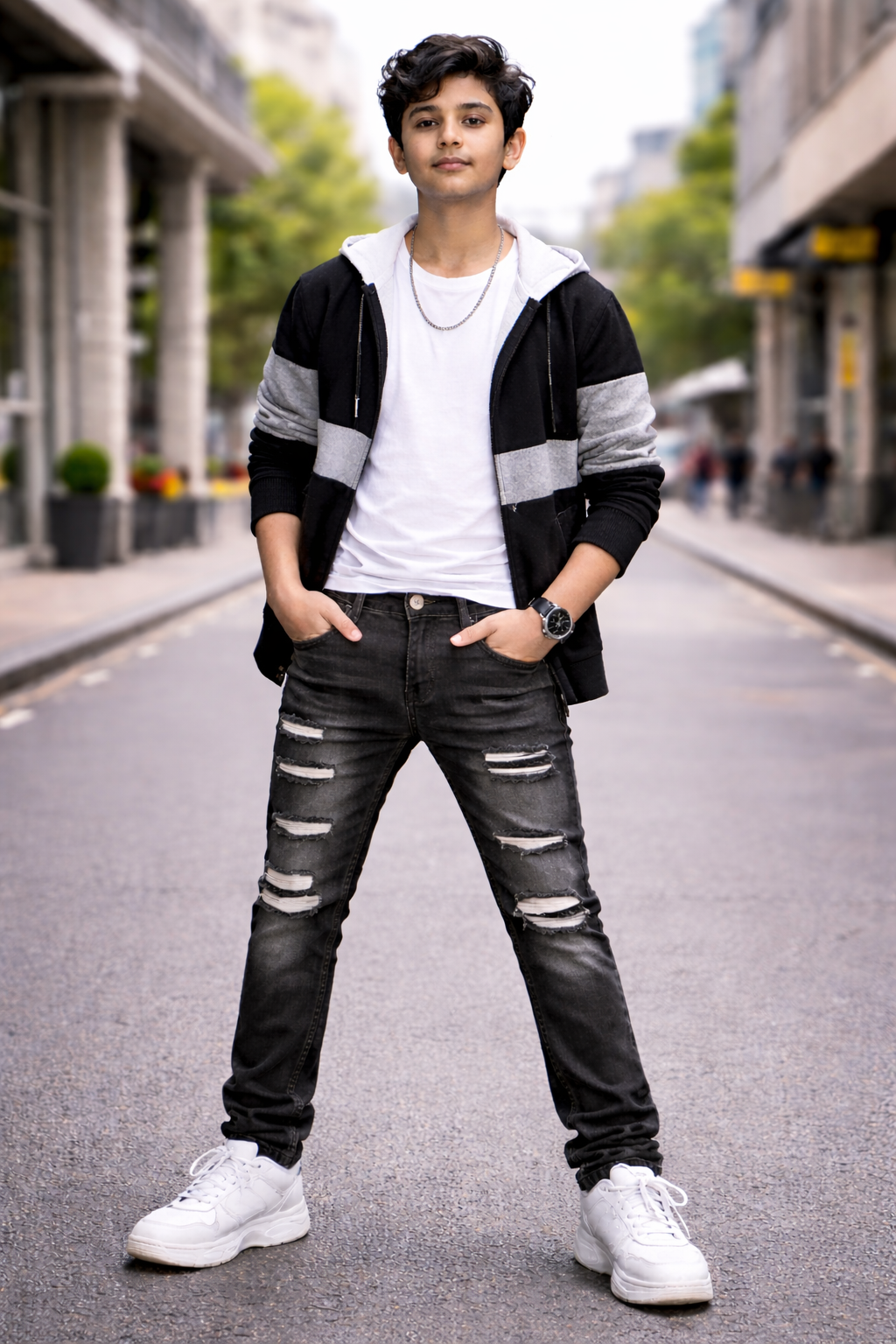 Men’s Black Ripped Stretch Denim Jeans – Slim Fit (11 Oz)