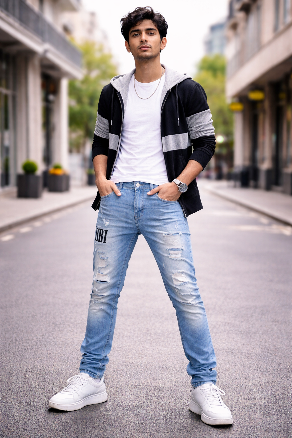 Men’s Light Blue Ripped Stretch Denim Jeans – Slim Fit (11 Oz)