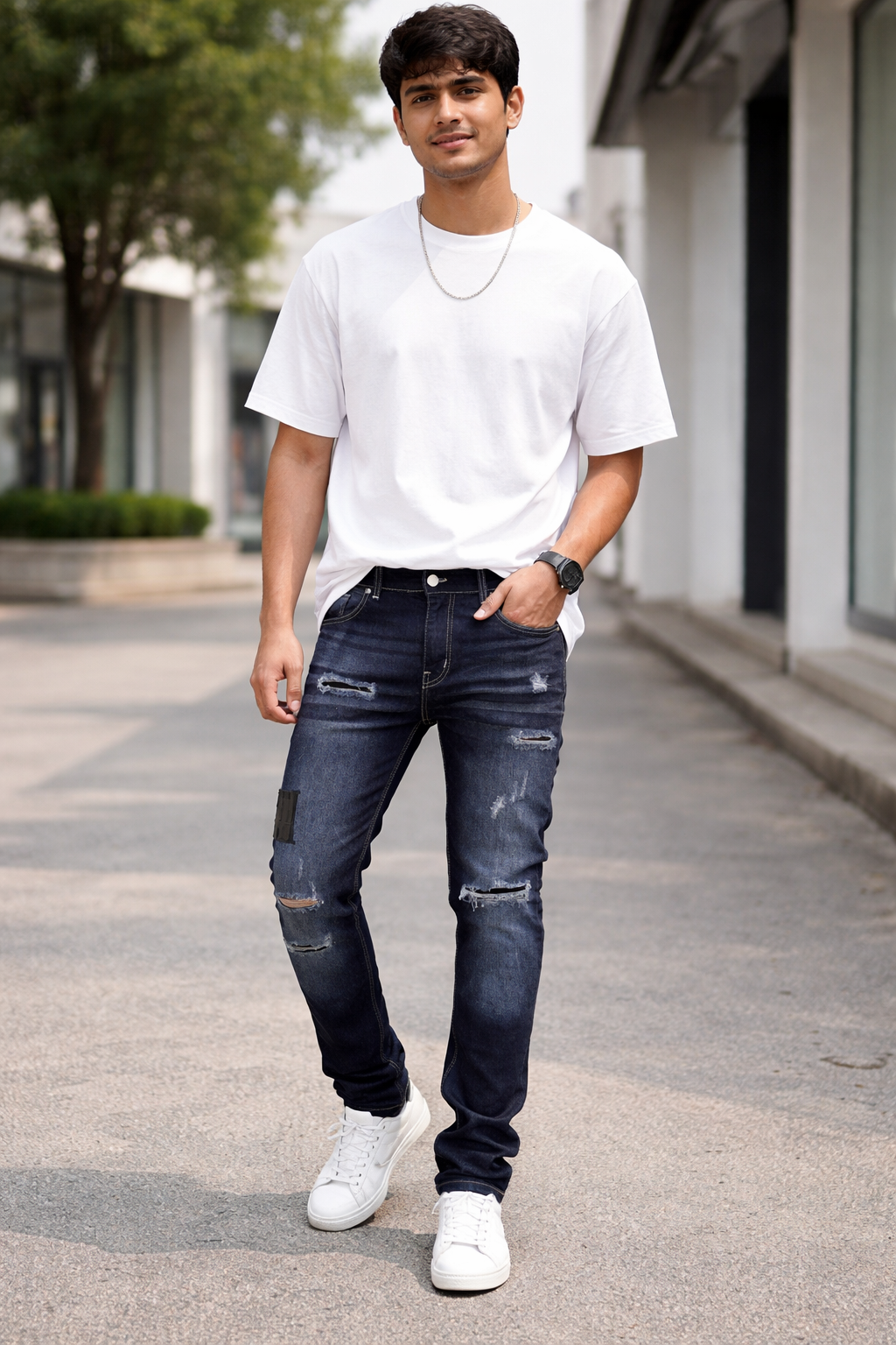 Men’s Dark Blue Ripped Stretch Slim Fit Denim Jeans – Premium Casual Streetwear