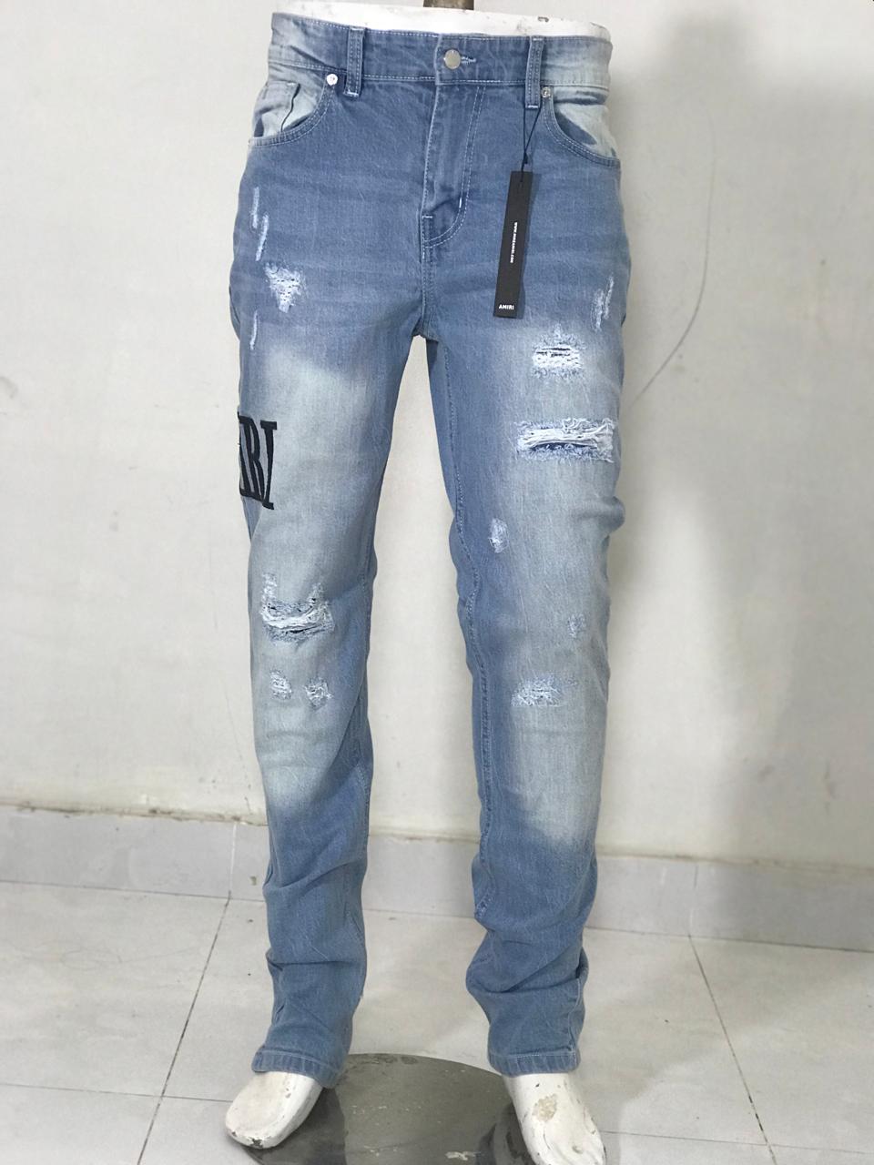 Men’s Light Blue Ripped Stretch Denim Jeans – Slim Fit (11 Oz)