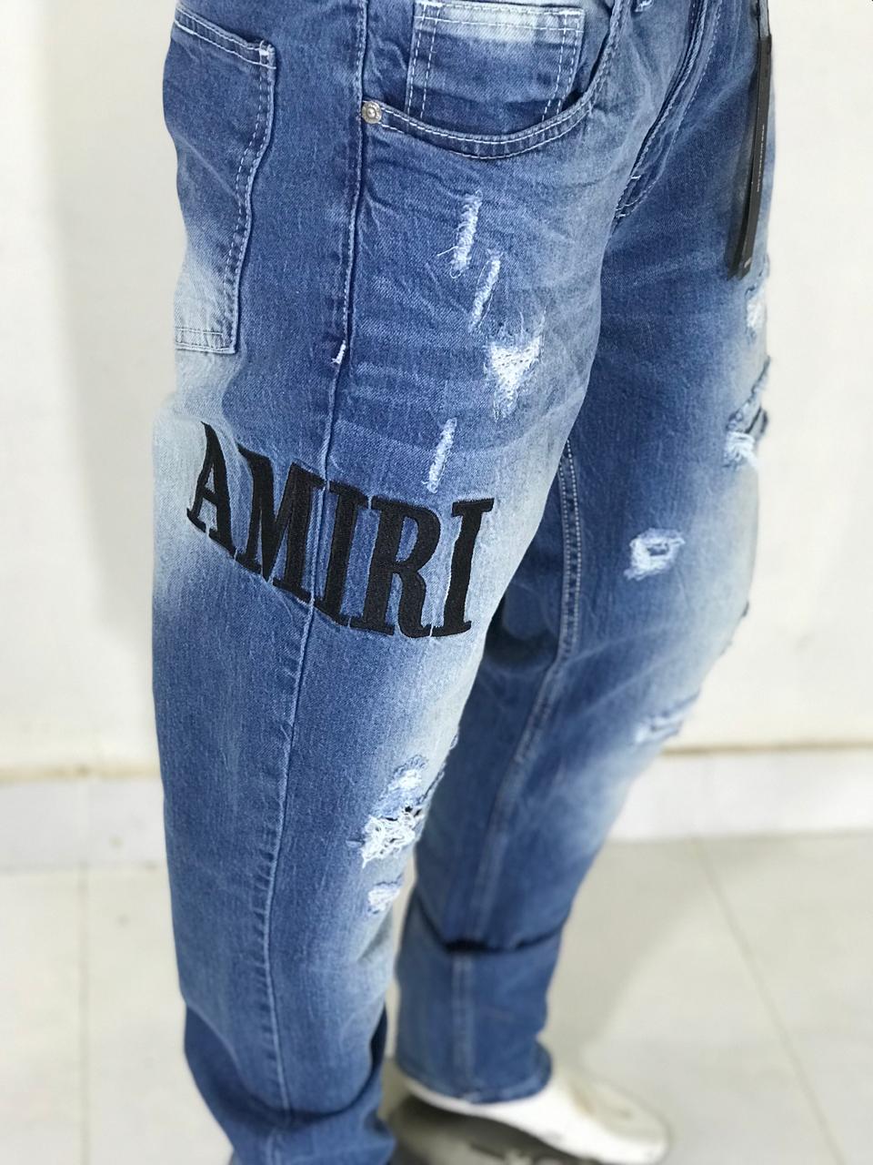 Men’s Light Blue Ripped Stretch Denim Jeans – Slim Fit (11 Oz)