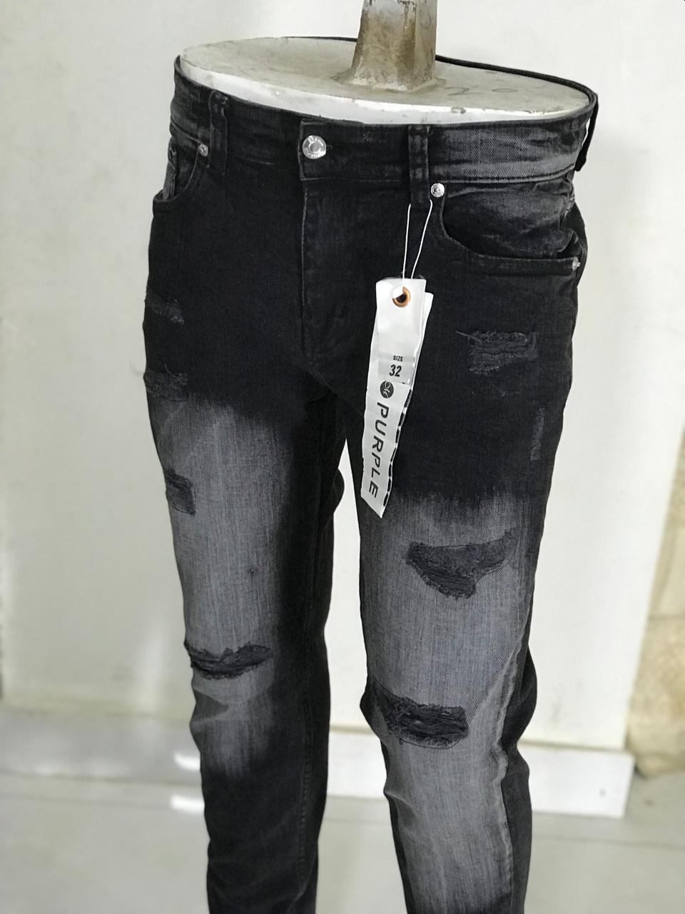 Men’s Black Distressed Slim Fit Jeans – Stretch Denim | Casual Streetwear purple