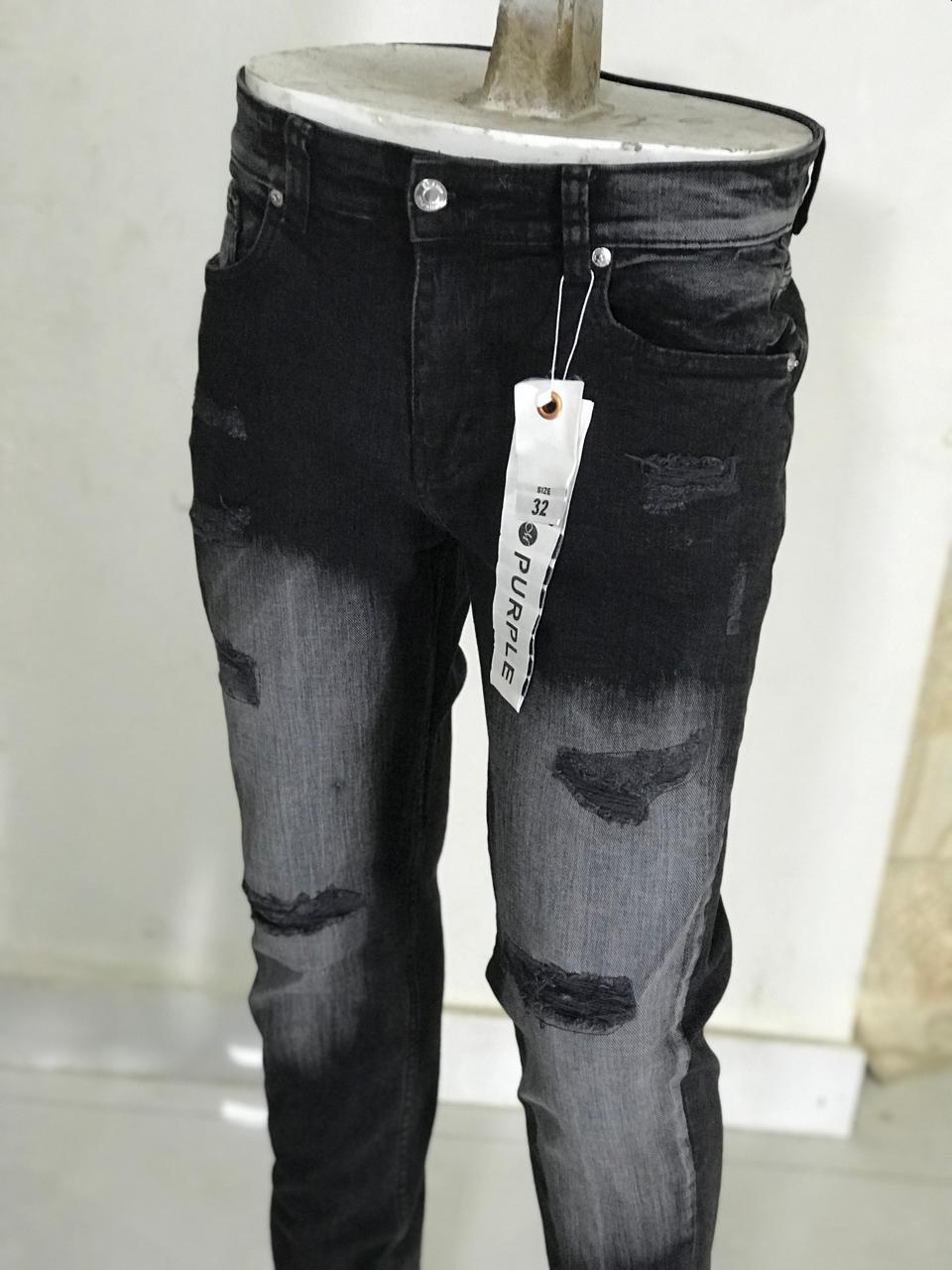 Men’s Black Distressed Slim Fit Jeans – Stretch Denim | Casual Streetwear purple