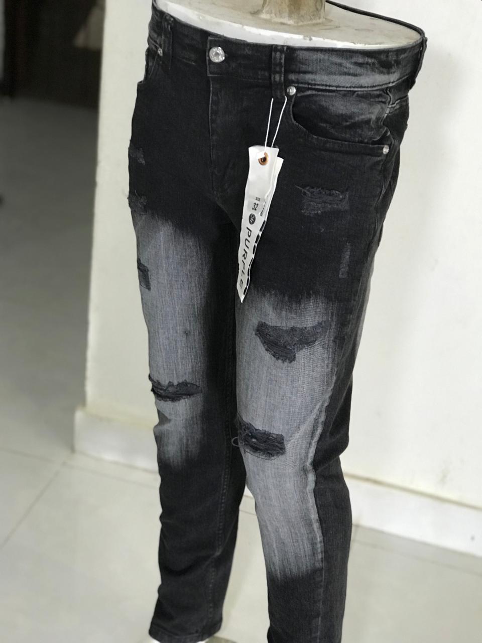 Men’s Black Distressed Slim Fit Jeans – Stretch Denim | Casual Streetwear purple