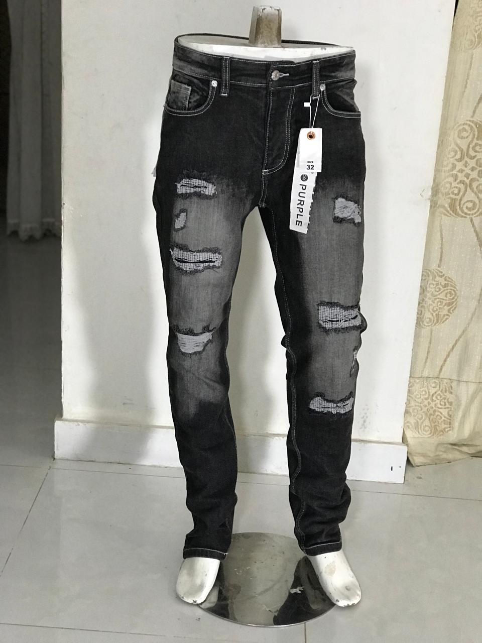 Men’s Black Distressed Slim Fit Jeans-purple brand