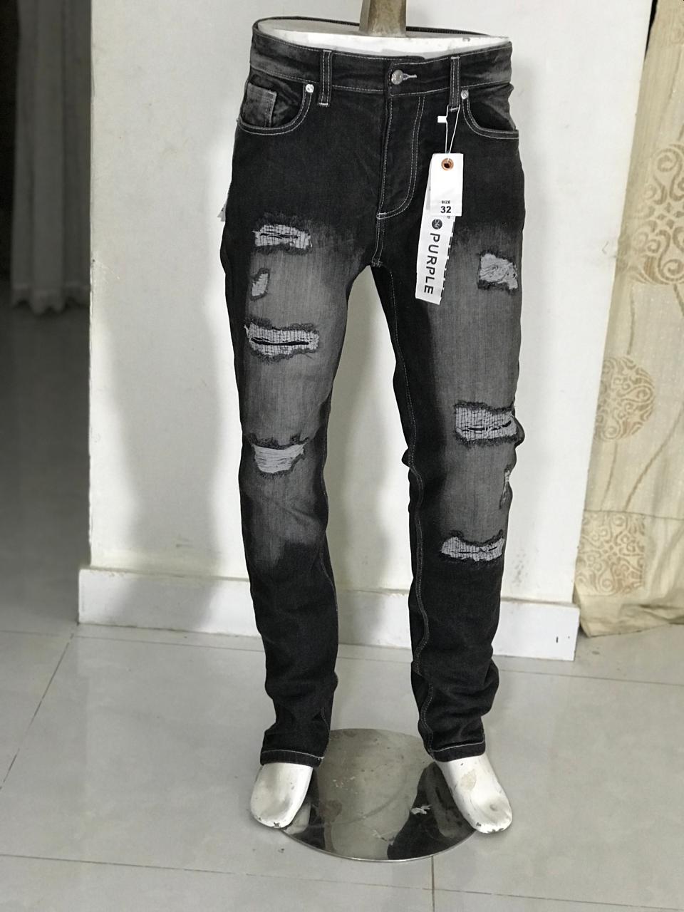 Men’s Black Distressed Slim Fit Jeans-purple brand