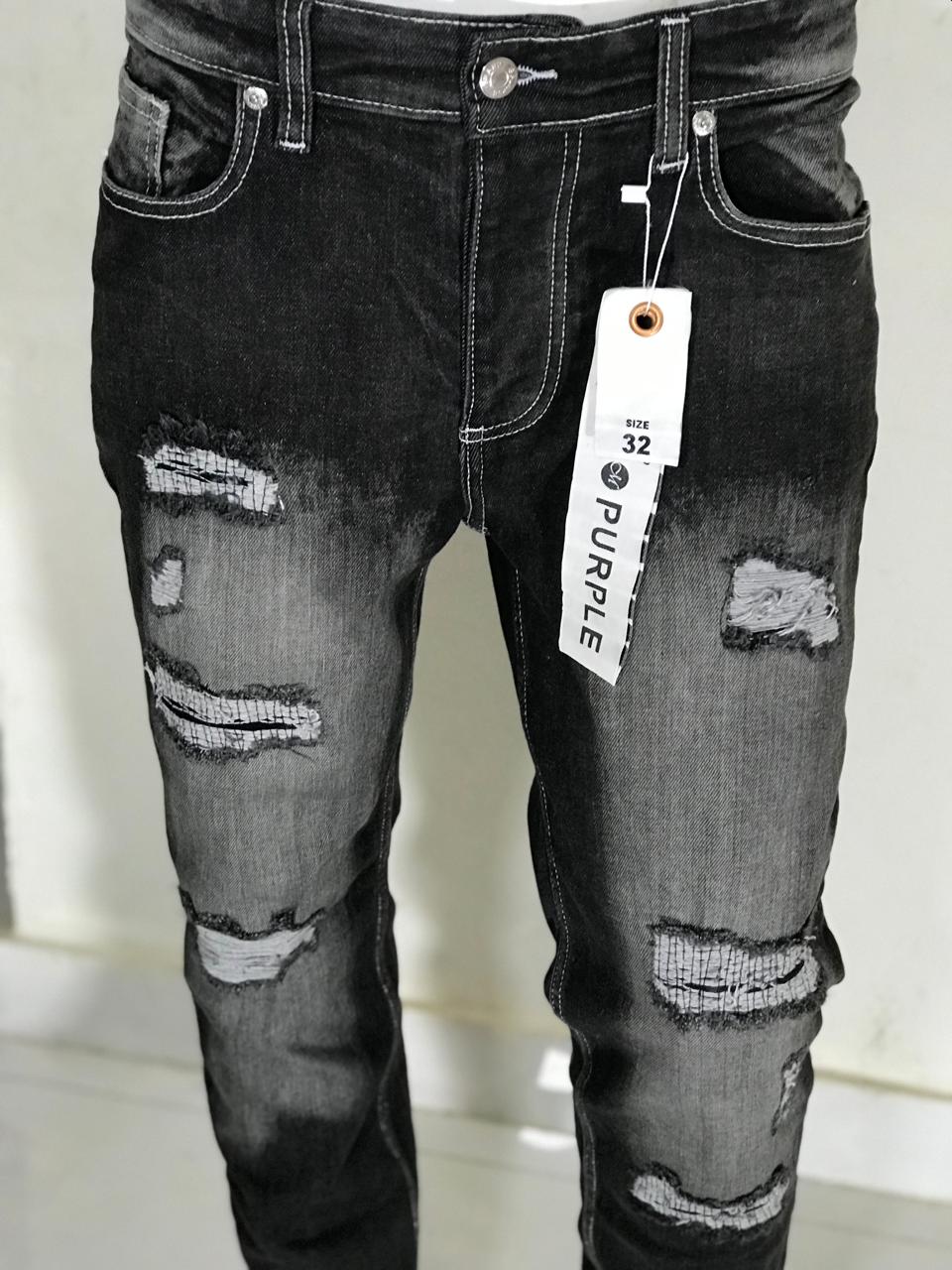 Men’s Black Distressed Slim Fit Jeans-purple brand