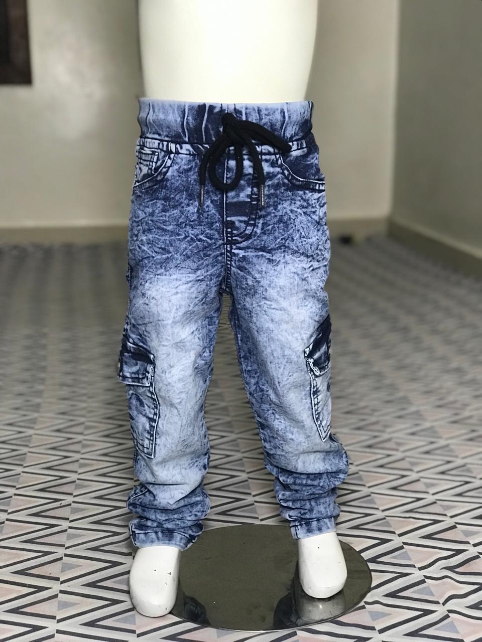 Kids Blue Washed Denim Jogger Pants – Cargo Style Boys Casual Wear